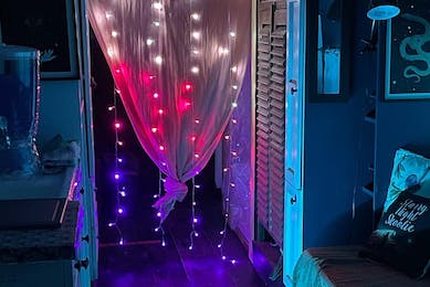 Rave Vibes inside the Starry Night Skoolie Vacation Rental: LED lights, Blacklights, UV Lights, Christmas Lights, Hippy, Bohemian, Quirky, Neon Art Style